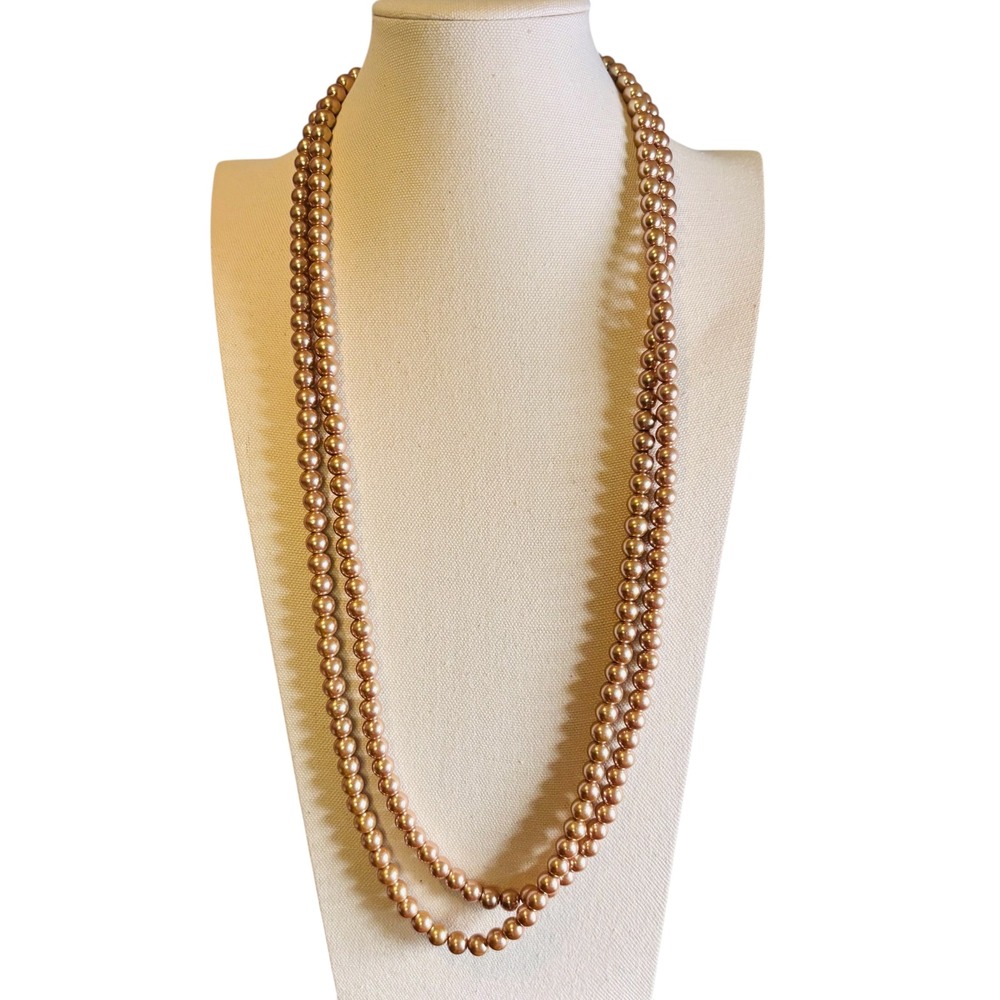 Long Champagne Bronze Faux Pearl Rope Necklace Continuous Strand Layering Beads